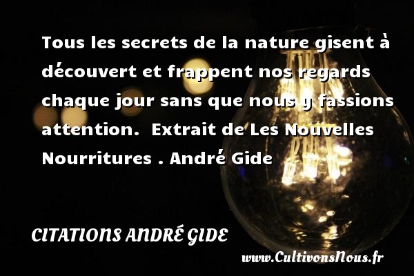 Tous les secrets de la nature gisent à découvert et frappent nos regards chaque jour sans que nous y fassions attention.  Extrait de Les Nouvelles Nourritures . André Gide CITATIONS ANDRÉ GIDE - Citations André Gide