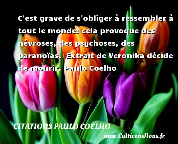 C est grave de s obliger à ressembler à tout le monde: cela provoque des névroses, des psychoses, des paranoïas.  Extrait de Veronika décide de mourir. Paulo Coelho CITATIONS PAULO COELHO