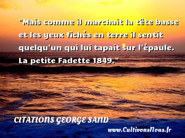 Mais comme il marchait la tête basse et les yeux fichés en terre il sentit quelqu un qui lui tapait sur l épaule. La petite Fadette 1849. CITATIONS GEORGE SAND